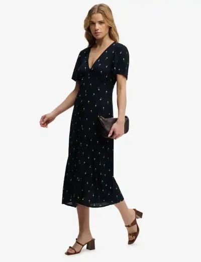 Superdry Printed Button Midi Tea Dress  | Navy Ditsy stripe