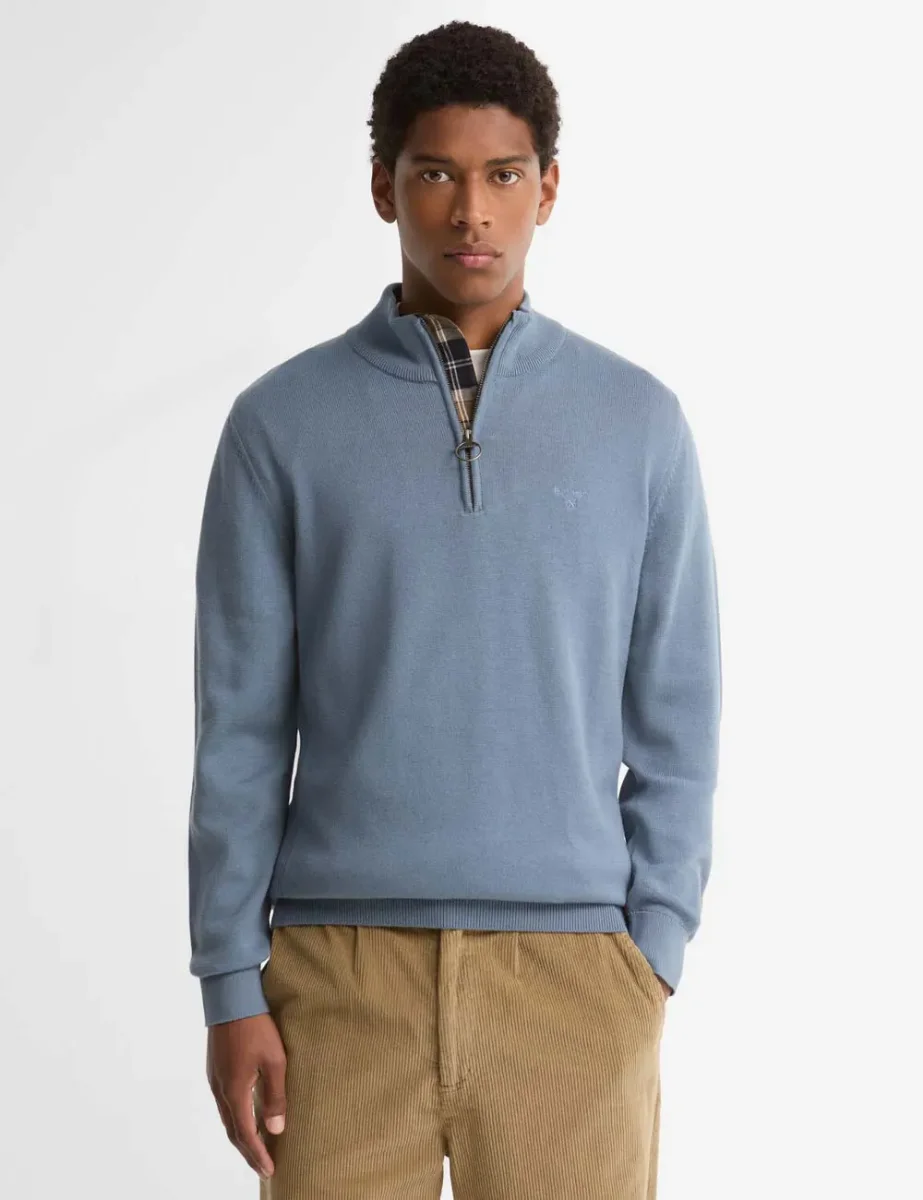 Barbour Cotton Half Zip Knitted Jumper | Light Blue