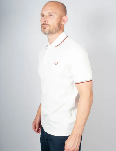 Picture of Fred Perry Mens Twin Tipped Polo | Snow White / Blue / Brandy