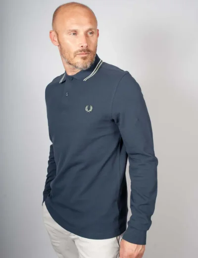 Picture of Fred Perry Long Sleeve Twin Tipped Polo | Dark Airforce/ Ecru / Seagrass