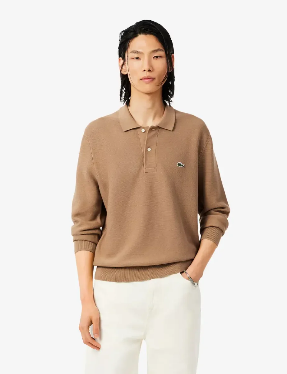 Lacoste Mens Classic Fit Long Sleeve Knitted Polo | Brown 