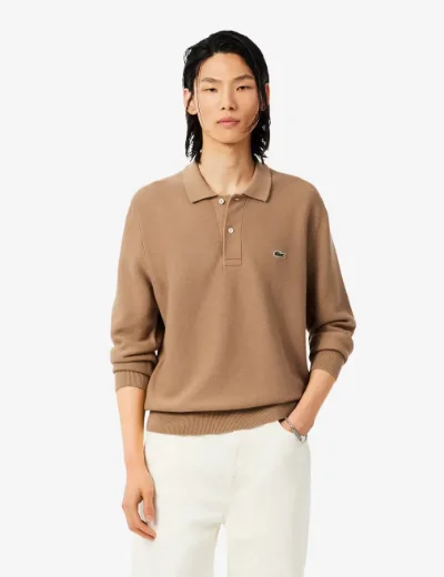 Lacoste Mens Classic Fit Long Sleeve Knitted Polo | Brown 