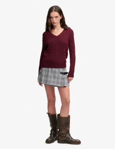 Picture of Superdry Womens Wool Blend Cable Knit V-Neck Jumper / Port 
