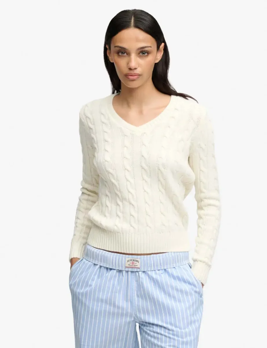 Picture of Superdry Womens Wool Blend Cable Knit V-Neck Jumper / Cream