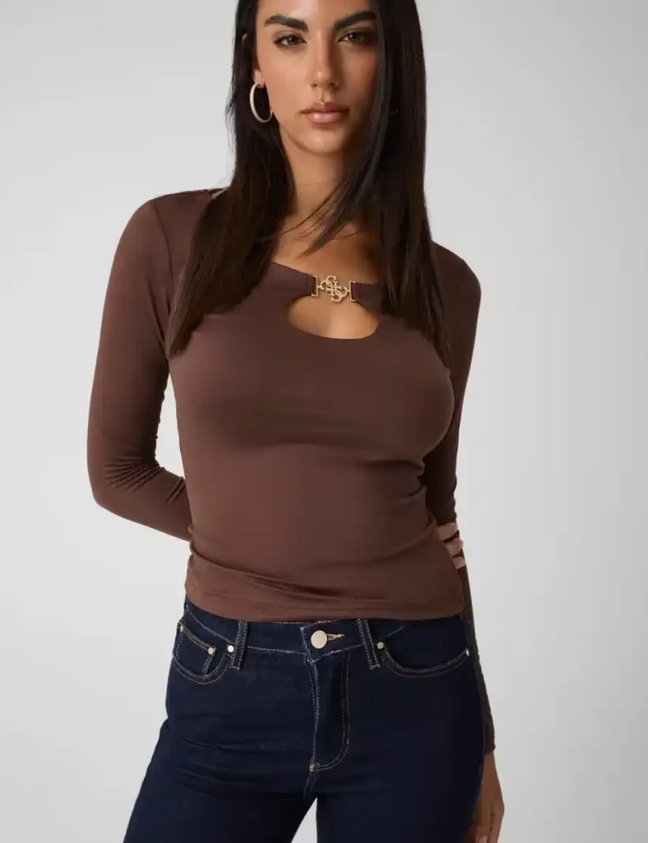 Guess Womens Long Sleeve 4G Jewel Top / Brown