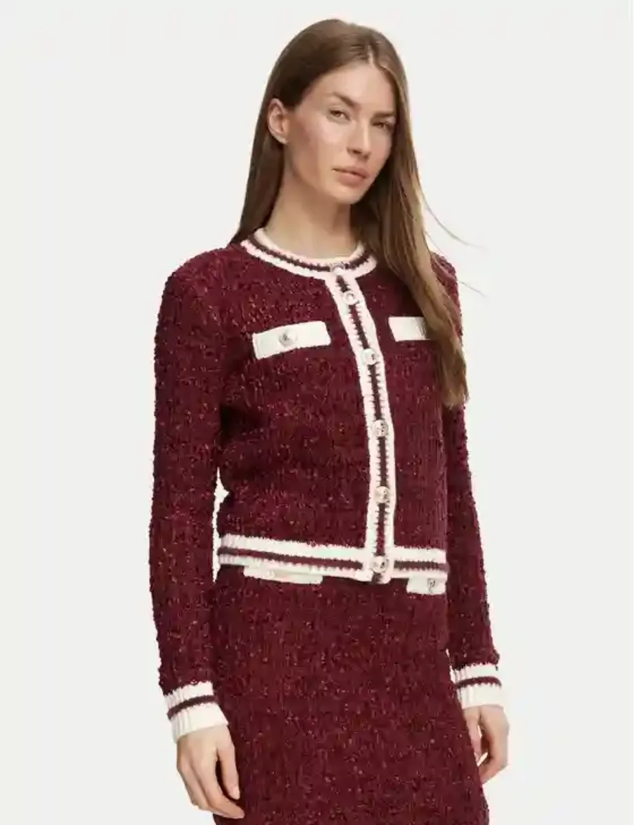 Guess Womens Aomori Textured Knit Cardigan | Burgundy